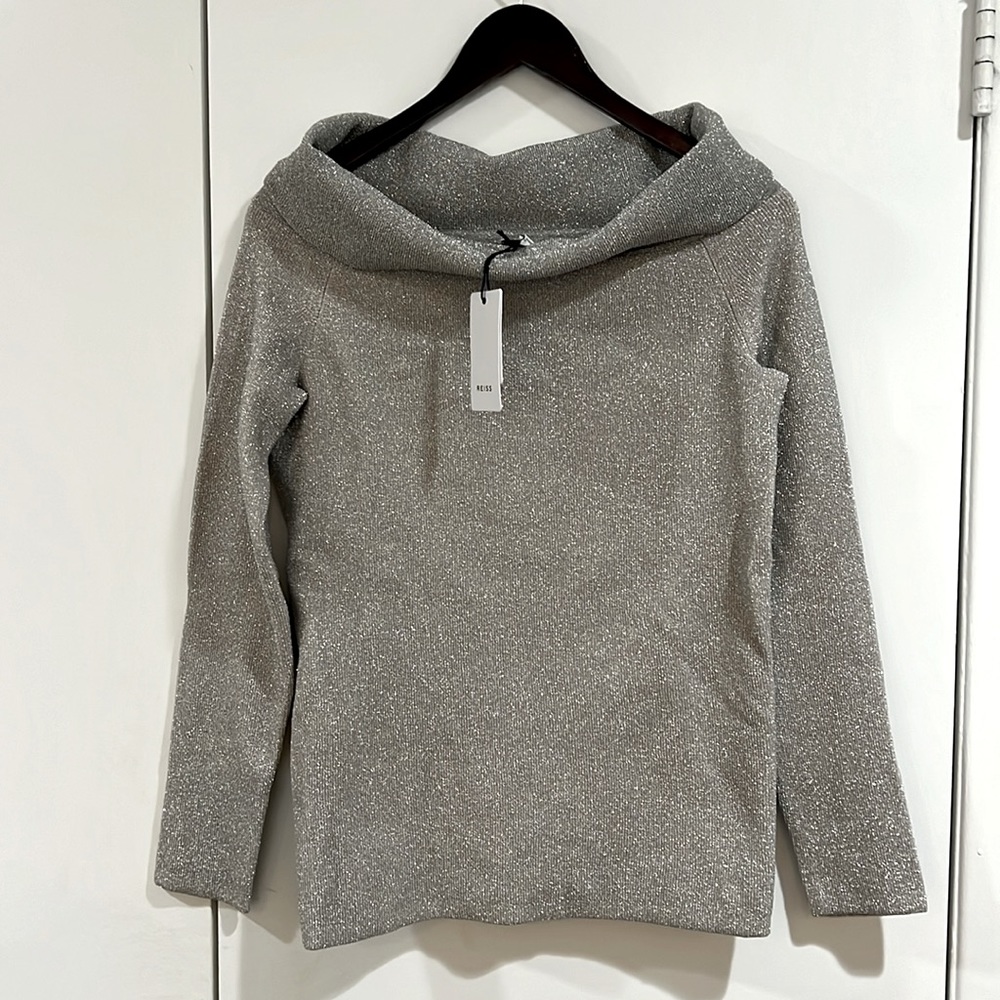 Reiss Jessa Silver metallic off shoulder long sleave sweater